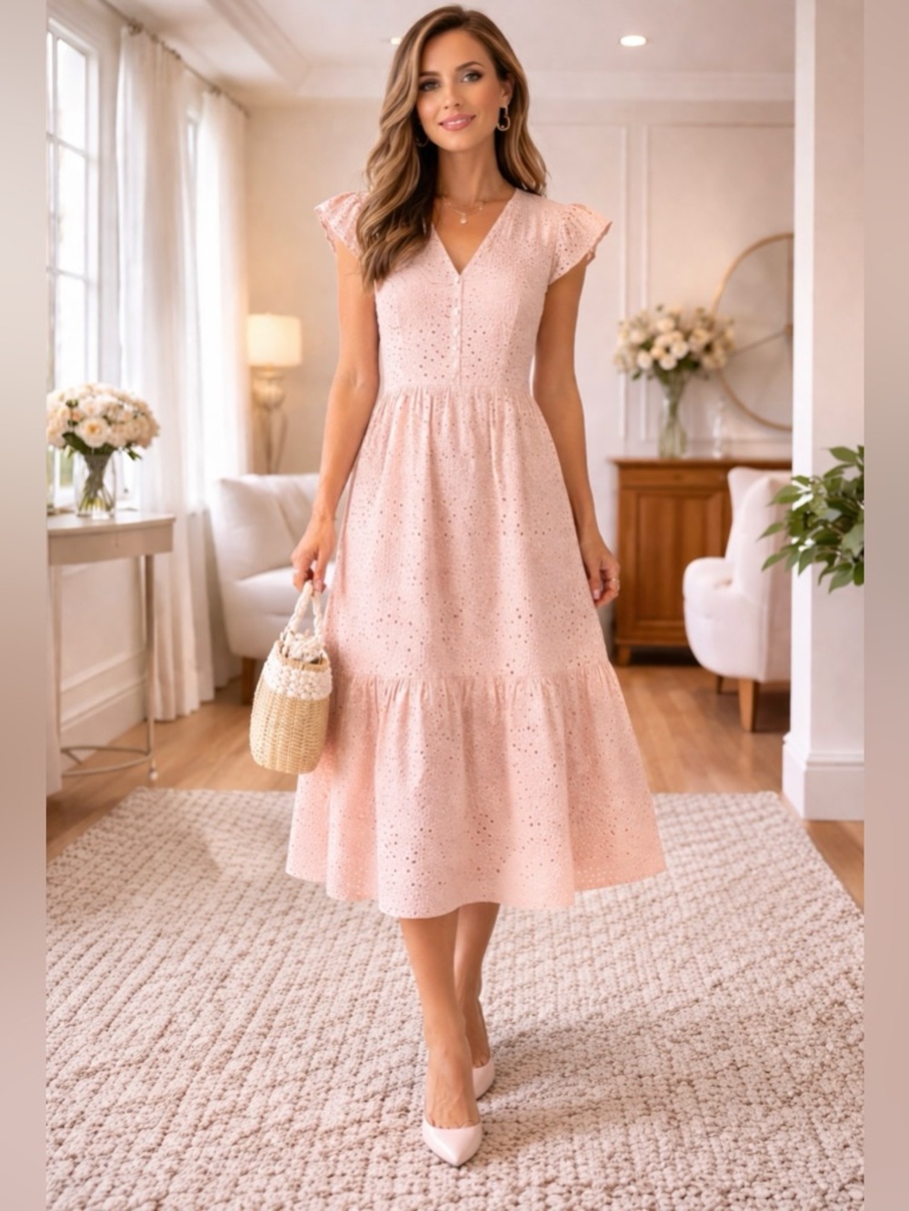 Blush Pink Eyelet Midi Dress | Kentucky Derby Style | Feminine Spring Occasion - Picture 2 of 7